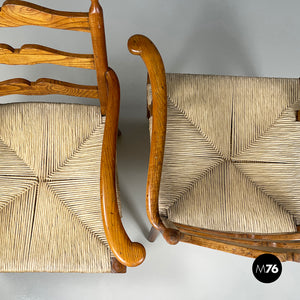 Armchairs in woven straw and wood, 1940s