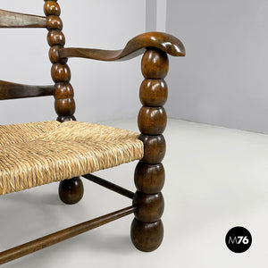 Armchairs in wood and straw, 1960s