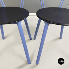 Load image into Gallery viewer, Chairs in blue metal, black wood and black rubber, 1980s
