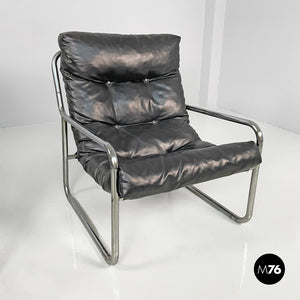 Armchairs in metal and black synthetic leather, 1970s