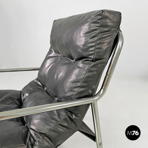 Armchairs in metal and black synthetic leather, 1970s