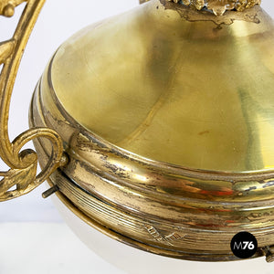 Chandelier in molded satin glass and brass, early 1900s