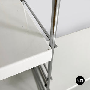 Modular wall bookcase in white metal and steel, 1980s