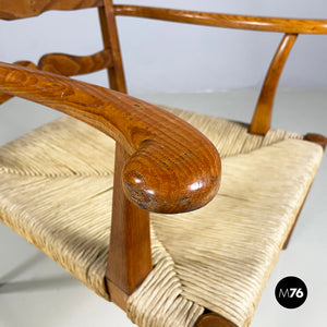 Armchairs in woven straw and wood, 1940s