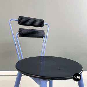 Chairs in blue metal, black wood and black rubber, 1980s