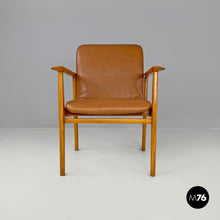 Load image into Gallery viewer, Armchair in wood and brown leather by Anonima Castelli, 1960s
