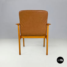 Load image into Gallery viewer, Armchair in wood and brown leather by Anonima Castelli, 1960s
