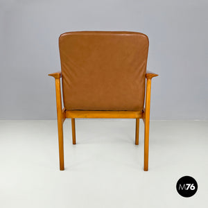 Armchair in wood and brown leather by Anonima Castelli, 1960s