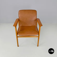 Load image into Gallery viewer, Armchair in wood and brown leather by Anonima Castelli, 1960s
