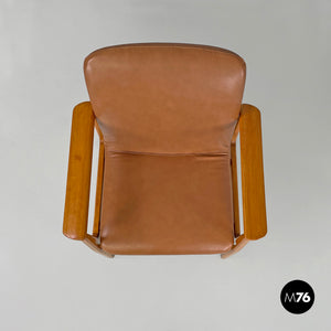 Armchair in wood and brown leather by Anonima Castelli, 1960s