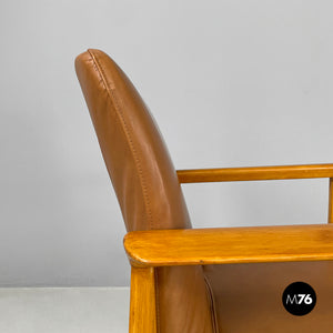 Armchair in wood and brown leather by Anonima Castelli, 1960s