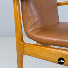 Load image into Gallery viewer, Armchair in wood and brown leather by Anonima Castelli, 1960s
