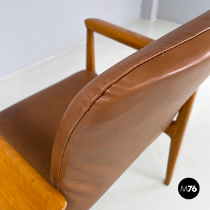 Armchair in wood and brown leather by Anonima Castelli, 1960s