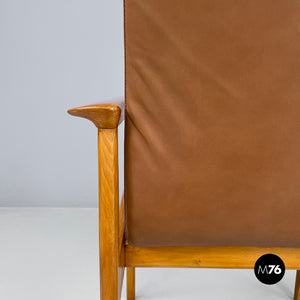 Armchair in wood and brown leather by Anonima Castelli, 1960s