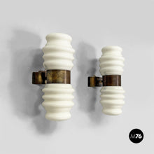 Load image into Gallery viewer, Wall lamps in opaline glass and brass, 1950s
