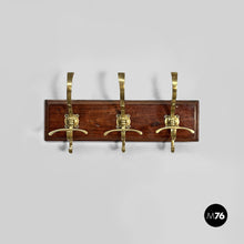 Carica l'immagine nel visualizzatore di Gallery, Wall coat rack in wood and brass, 1920s
