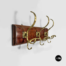 Carica l'immagine nel visualizzatore di Gallery, Wall coat rack in wood and brass, 1920s
