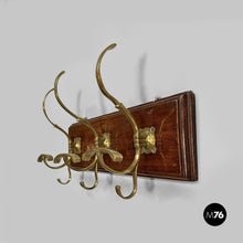 Carica l'immagine nel visualizzatore di Gallery, Wall coat rack in wood and brass, 1920s
