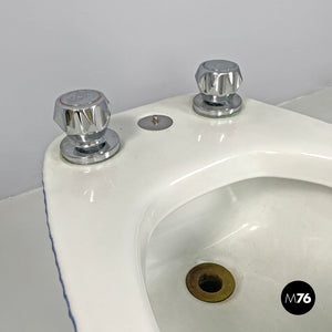 Bidet in white ceramic with blue enamel, 1970s