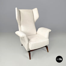 Load image into Gallery viewer, White fabric and wood armchair, 1950s
