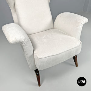 White fabric and wood armchair, 1950s