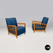 将图片加载到图库查看器，Blue fabric and wood armchairs, 1940s
