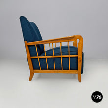 将图片加载到图库查看器，Blue fabric and wood armchairs, 1940s
