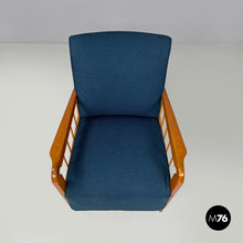 将图片加载到图库查看器，Blue fabric and wood armchairs, 1940s
