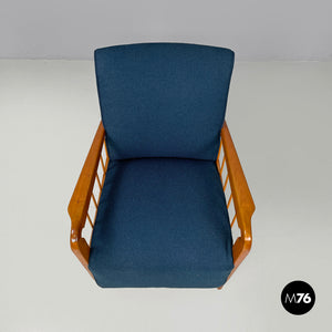 Blue fabric and wood armchairs, 1940s