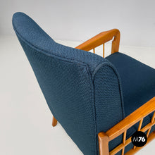 将图片加载到图库查看器，Blue fabric and wood armchairs, 1940s
