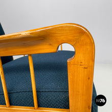 将图片加载到图库查看器，Blue fabric and wood armchairs, 1940s
