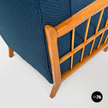 将图片加载到图库查看器，Blue fabric and wood armchairs, 1940s
