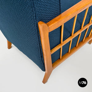Blue fabric and wood armchairs, 1940s