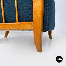 将图片加载到图库查看器，Blue fabric and wood armchairs, 1940s
