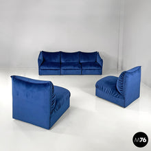 将图片加载到图库查看器，Modular sofa in blue velvet, 1980s
