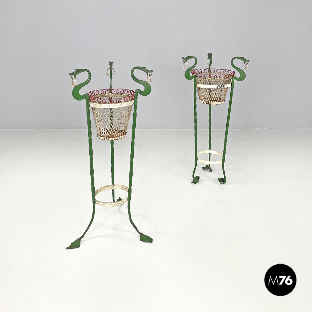 White and green wrought iron vase holders with decorative dragons, 1900s