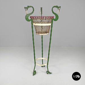 White and green wrought iron vase holders with decorative dragons, 1900s