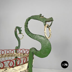 White and green wrought iron vase holders with decorative dragons, 1900s