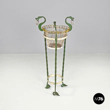 将图片加载到图库查看器，White and green wrought iron vase holder with decorative dragons, 1900s
