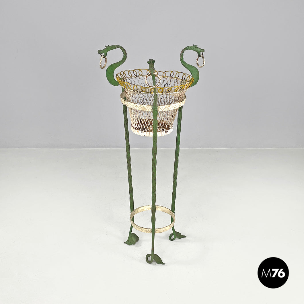 White and green wrought iron vase holder with decorative dragons, 1900s