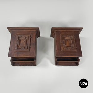 Wooden wall nightstands with decorated doors, 1960s