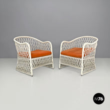 Load image into Gallery viewer, White rattan armchairs with orange fabric cushions, 1960s
