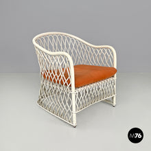 Load image into Gallery viewer, White rattan armchairs with orange fabric cushions, 1960s
