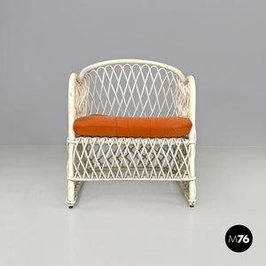 White rattan armchairs with orange fabric cushions, 1960s