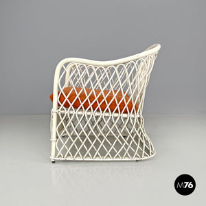 White rattan armchairs with orange fabric cushions, 1960s