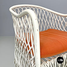 Load image into Gallery viewer, White rattan armchairs with orange fabric cushions, 1960s
