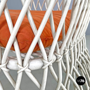 White rattan armchairs with orange fabric cushions, 1960s