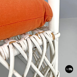 White rattan armchairs with orange fabric cushions, 1960s