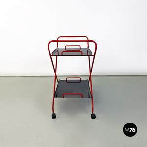 Black and red metal food trolley on wheels, 1980s