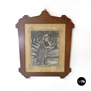 Charcoal drawing with wooden frame, 1930s